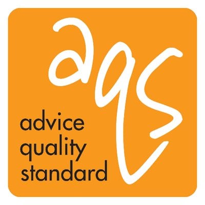 Orange square logo with white stylized "aqs" text and black lowercase words "advice quality standard" underneath.