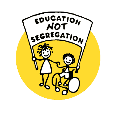 Two children, one standing and one in a wheelchair, hold a banner reading "Education NOT Segregation" against a yellow circular background.