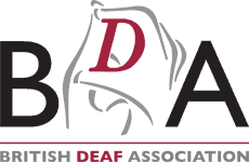 British Deaf Association logo with large "BDA" letters, a red 'D', a graphic of two hands signing, and "BRITISH DEAF ASSOCIATION" written below.