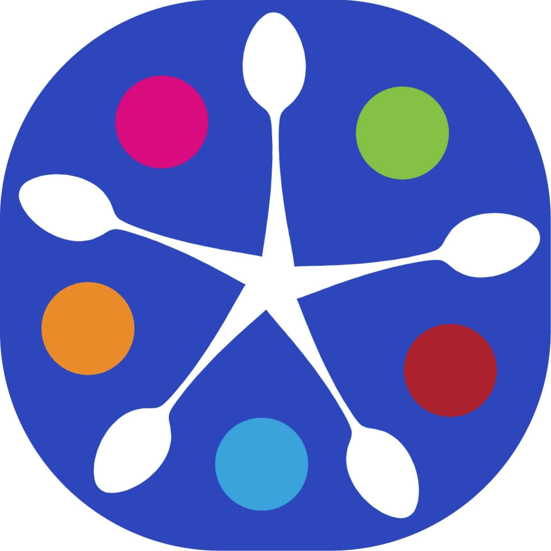 A blue oval with five white spoon shapes radiating from the center, surrounded by five colored circles: pink, green, orange, red, and blue.