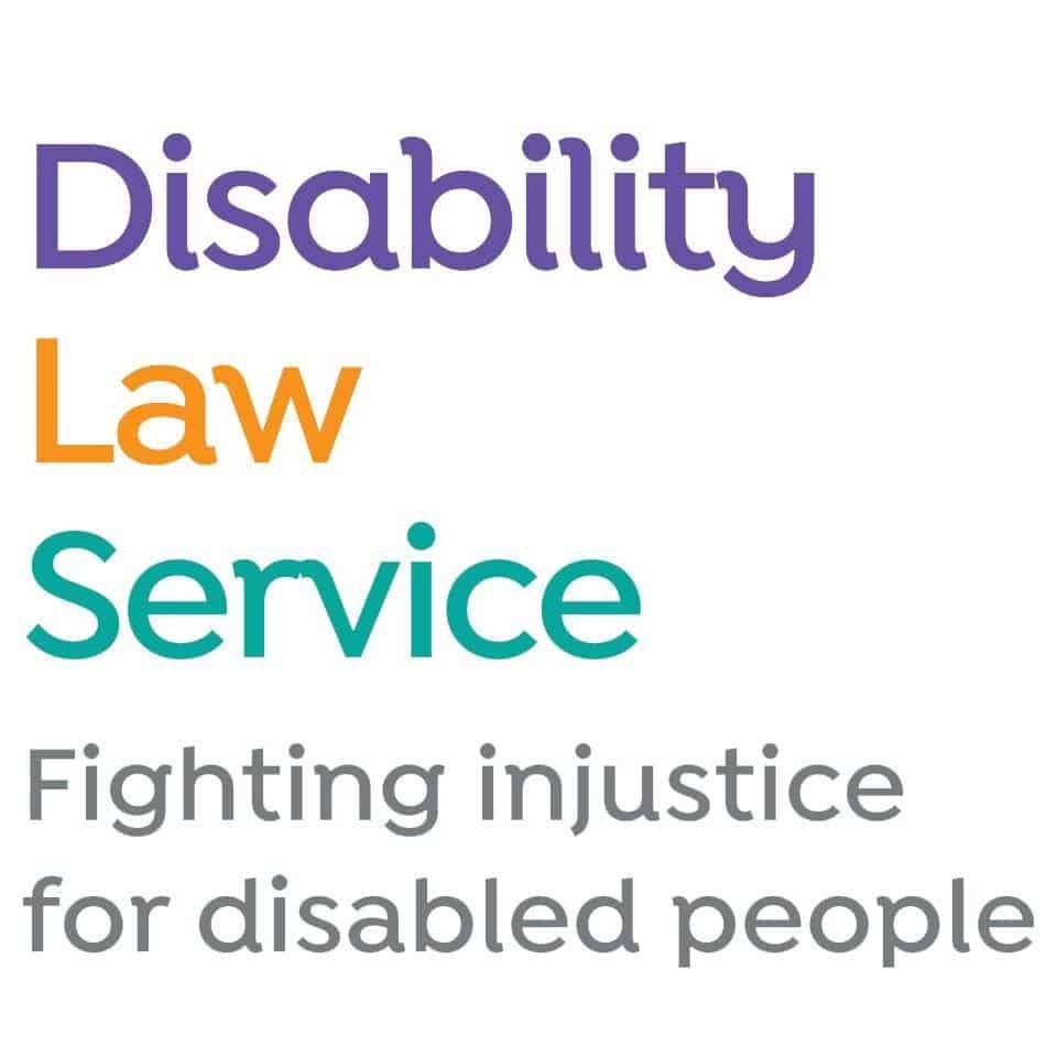 Text logo reading: "Disability Law Service. Fighting injustice for disabled people" in purple, orange, teal, and grey letters on a white background.