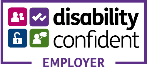 Disability Confident Employer logo featuring icons of people, check marks, an unlocked padlock, and a thought bubble, with bold text indicating employer status.