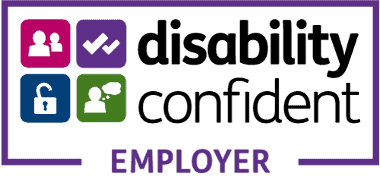 Disability Confident Employer logo with icons representing inclusivity, accessibility, and support, outlined by a purple border.