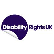 The logo for Disability Rights UK with white text on a dark purple circular background, part of which appears peeled back.