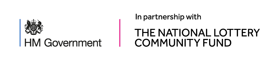 HM Government logo next to text: "In partnership with The National Lottery Community Fund" on a plain background.