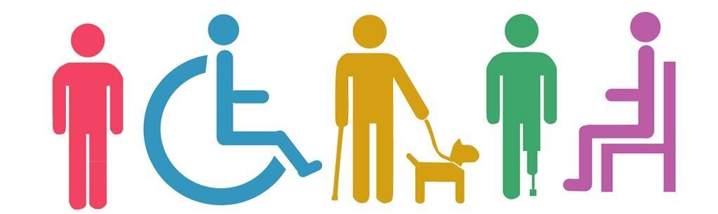 Illustration of five colorful icons representing people with various disabilities, including mobility aids, a guide dog, and a person seated on a bench.