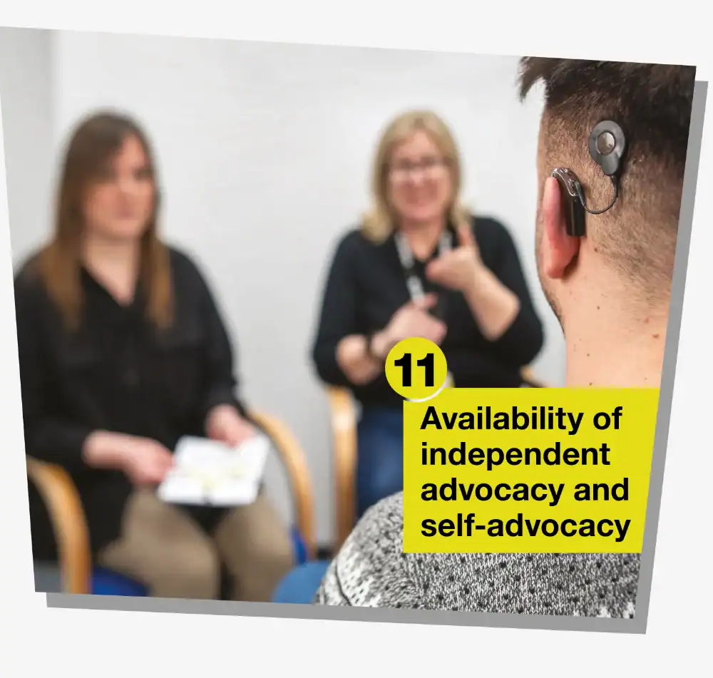 A person wearing a cochlear implant sits facing two women, with text reading "11 Availability of independent advocacy and self-advocacy.