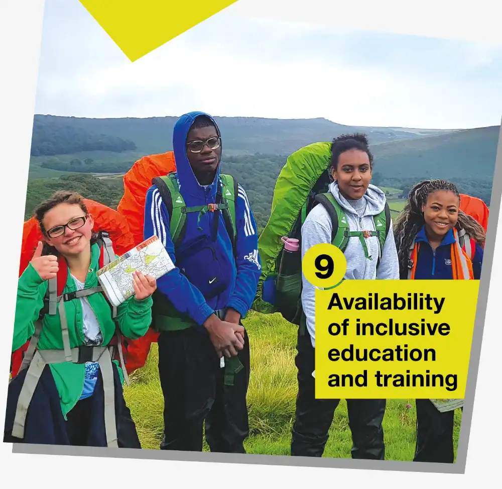 Four young people in hiking gear with backpacks stand outdoors in a grassy hilly area. Text overlay reads: "9 Availability of inclusive education and training.