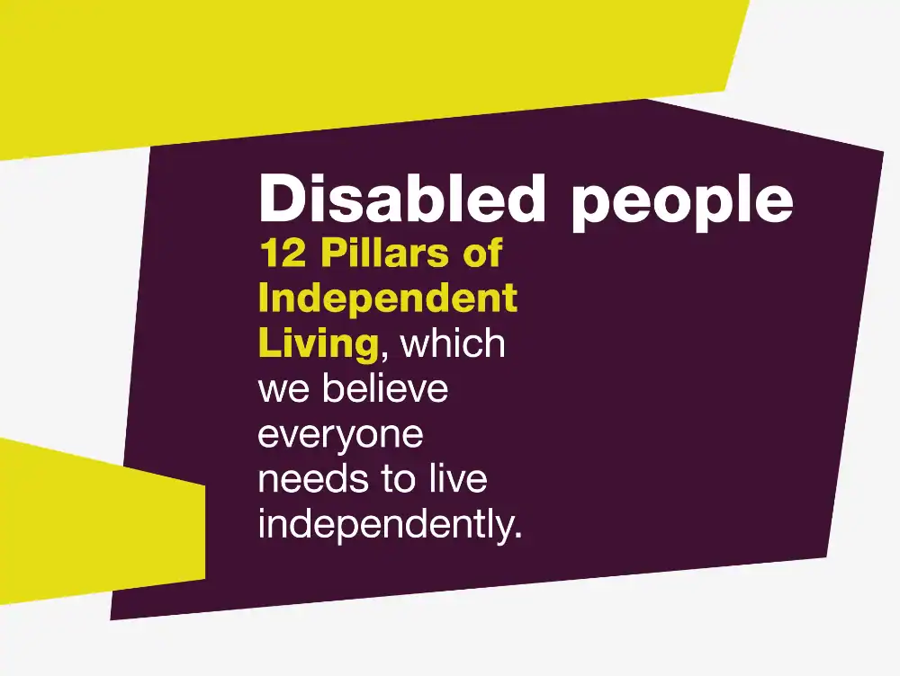 Text graphic with the words: "Disabled people. 12 Pillars of Independent Living, which we believe everyone needs to live independently.