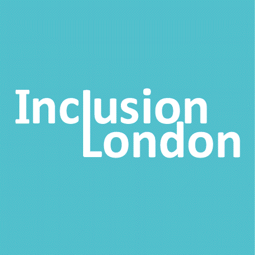 White text on a light blue background reads "Inclusion London" with the 'L' in "London" also forming part of the word "Inclusion.