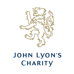 Line drawing of a heraldic lion above the text "John Lyon’s Charity" on a light background.