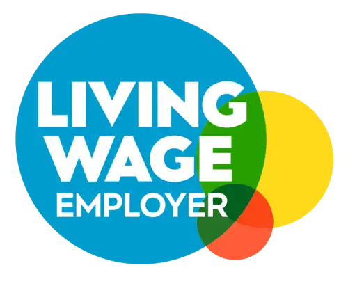 Logo with the words "Living Wage Employer" in white on a blue circle, overlaid with smaller yellow, green, and orange circles.