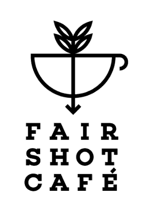 Black and white logo with a stylized coffee cup and two leaves, above the text "FAIR SHOT CAFÉ" in bold, capital letters.