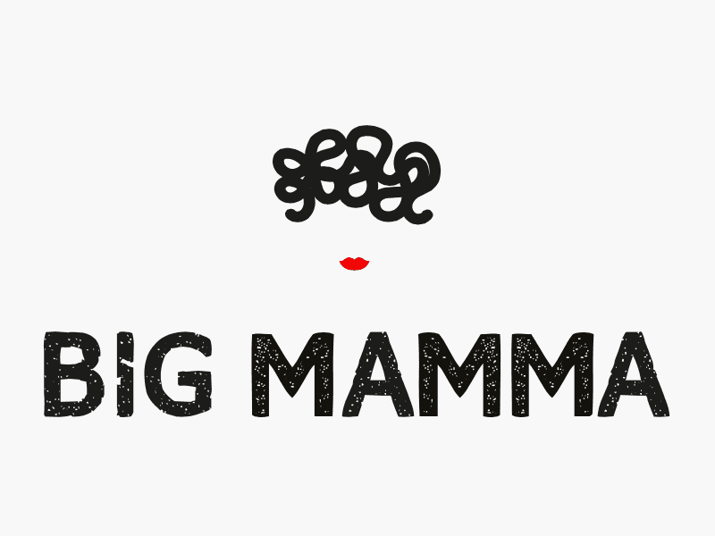 Minimalist illustration of curly black hair and red lips above bold black text that reads "BIG MAMMA" on a white background.