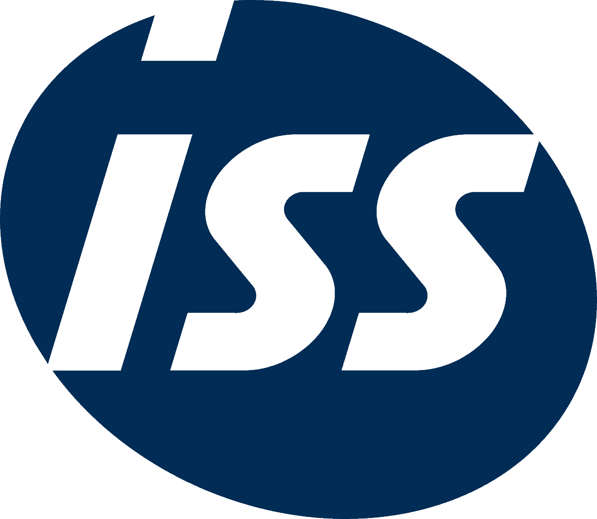 The image shows the ISS logo with white lowercase letters "iss" on a dark blue oval background.