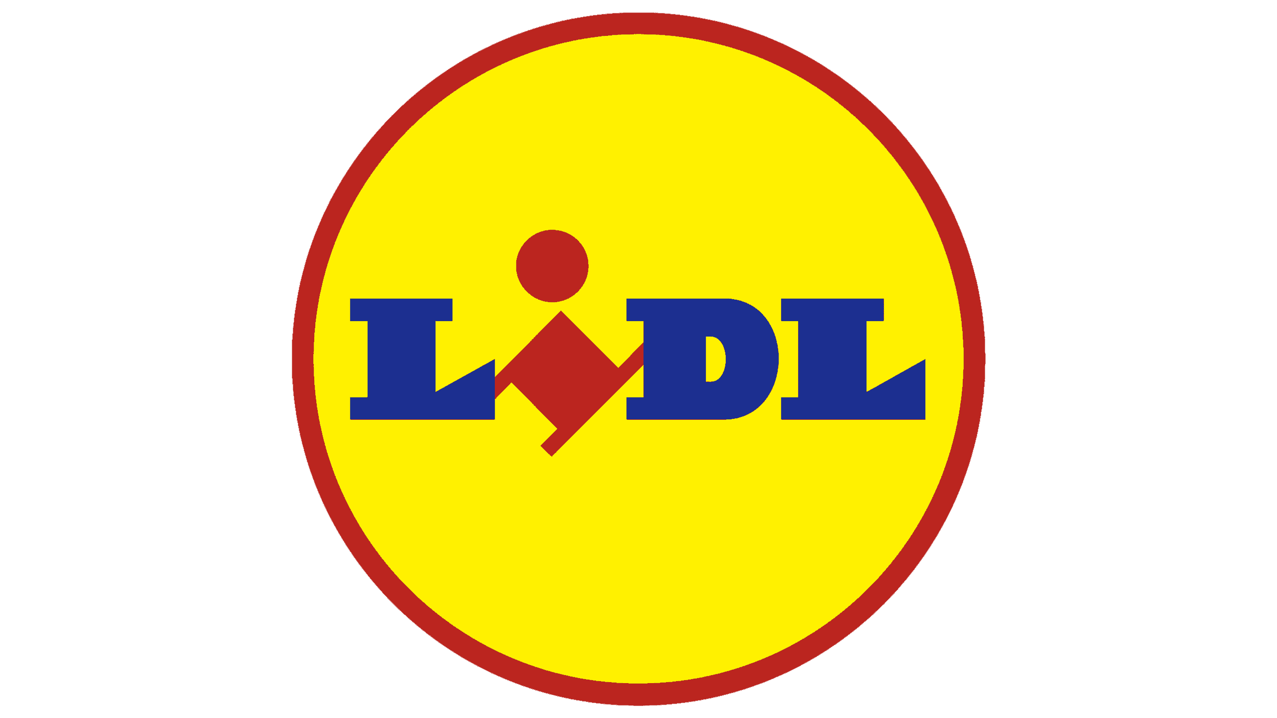 Lidl logo featuring blue text "LIDL" with a red circle and yellow background bordered in red.