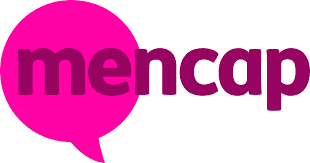 The Mencap logo features the word "mencap" in lowercase dark pink letters over a bright pink speech bubble.