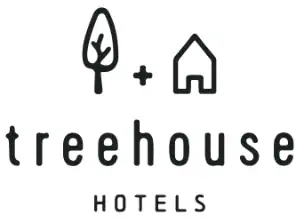 Treehouse Hotels logo featuring a simple tree icon, a plus sign, and a house icon above the text "treehouse HOTELS" in lowercase and uppercase letters.