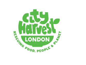 Logo for City Harvest London with the tagline "Rescuing Food, People & Planet" in green text on a white background.