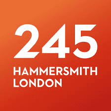 White text on an orange gradient background reads "245 HAMMERSMITH LONDON".