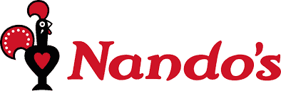 Nando's logo featuring a stylized black rooster with a red heart and a red comb, next to the brand name "Nando's" in bold red letters.