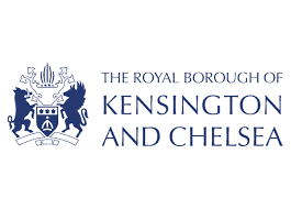 Logo of The Royal Borough of Kensington and Chelsea, featuring a blue crest with two lions and stylized text on a white background.
