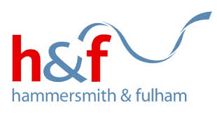 The Hammersmith & Fulham logo features the letters "h&f" in red with a blue wavy line, and "hammersmith & fulham" in blue lowercase text underneath.