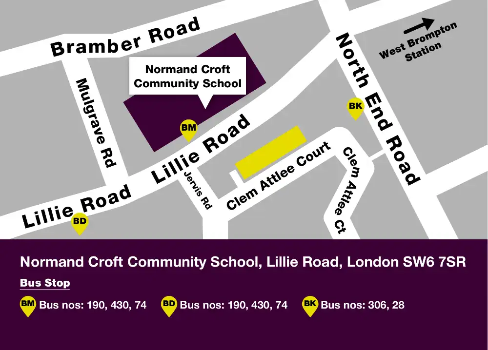 Map showing the location of Normand Croft Community School on Lillie Road, London SW6 7SR, with nearby bus stops and routes 190, 74, 430, 306, and 28 marked.