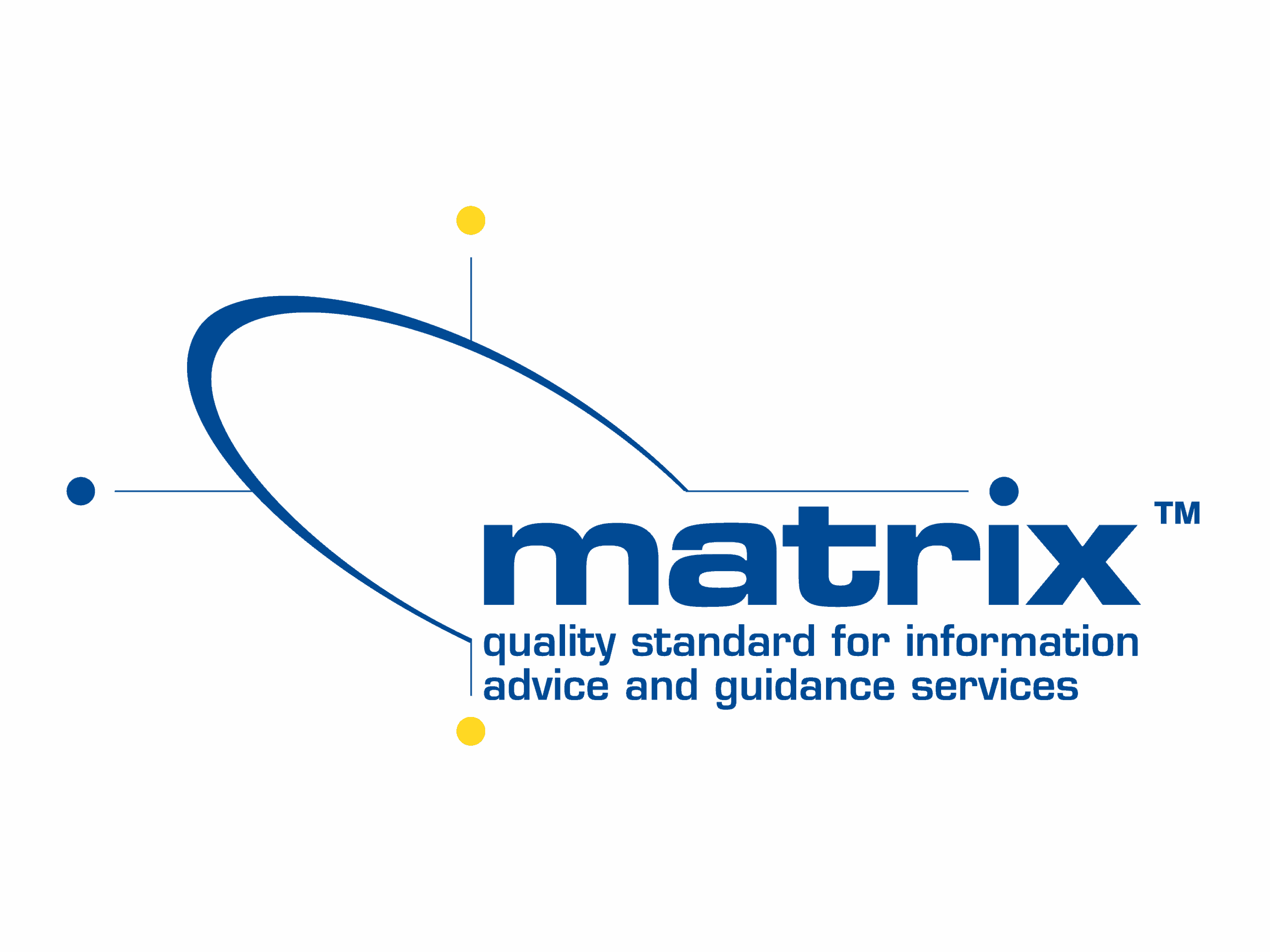 Matrix logo with an elliptical blue line and yellow dots, accompanied by the text "matrix quality standard for information advice and guidance services.
