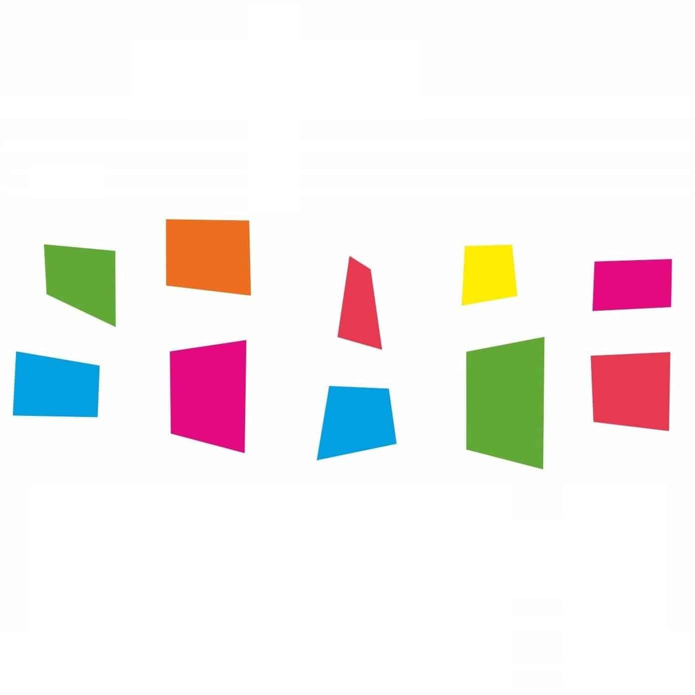 Assorted irregular colorful geometric shapes spaced evenly on a white background.