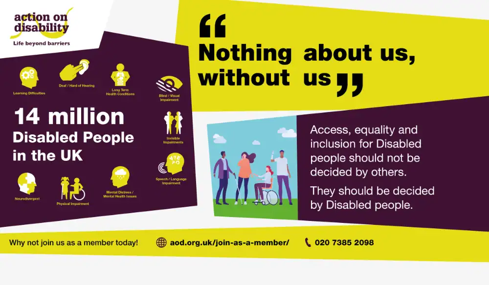 Infographic stating "14 million Disabled People in the UK" with disability icons and the slogan "Nothing about us, without us," advocating for decisions by and for disabled people.