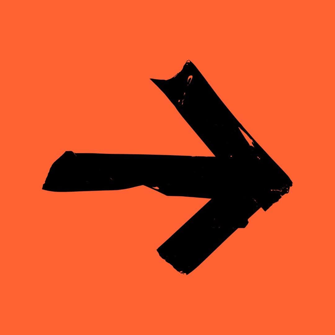 A bold, black right-pointing arrow with rough edges on an orange background.