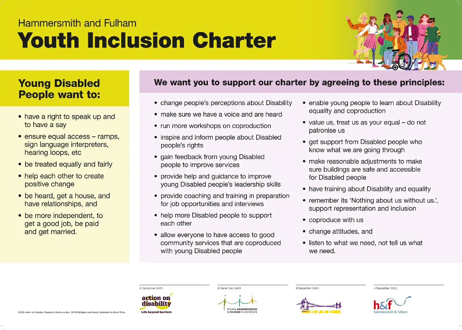 Youth Inclusion Charter poster detailing principles to support young disabled people, including respect, accessibility, equal participation, and opportunities for independence.