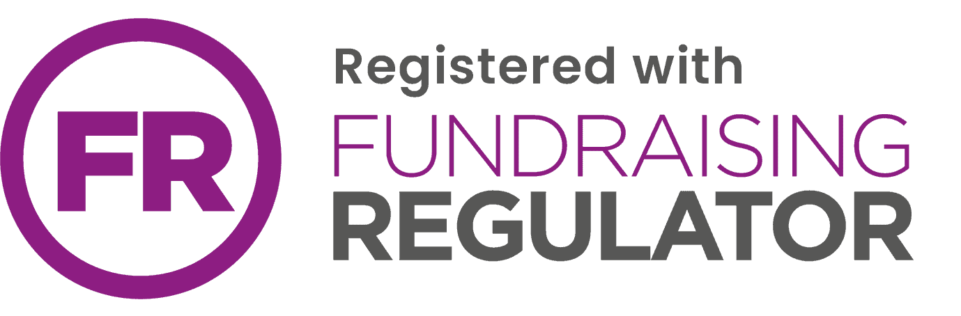 Fundraising Regulator logo with text: "Registered with Fundraising Regulator." A purple circle with "FR" inside appears on the left.