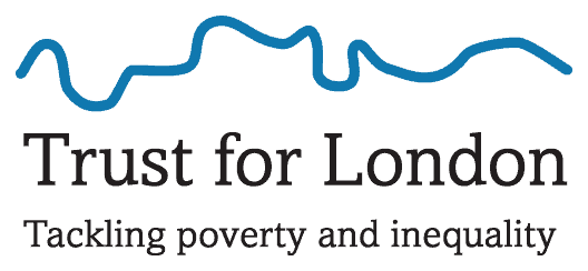 Trust for London logo with a blue wavy line above the text “Trust for London” and the tagline “Tackling poverty and inequality.”.