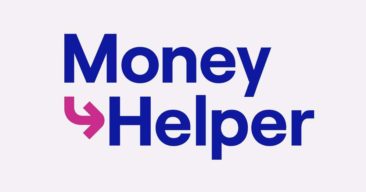 Logo with the words "Money Helper" in bold blue letters; the "o" in "Money" is stylized as a pink arrow pointing down and left.