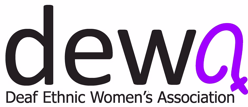 Logo for the Deaf Ethnic Women's Association with "dewa" in bold letters; the "a" is purple and stylized with a female gender symbol.
